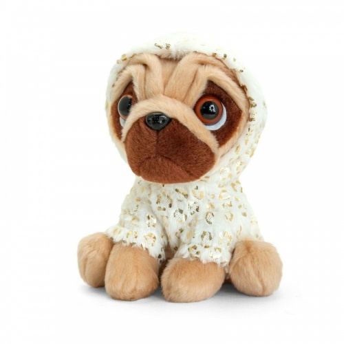 Keel Toys Pugsley Pug Dressed in a White & Gold Hoodie Outfit 14cm Plush Dog Soft Toy